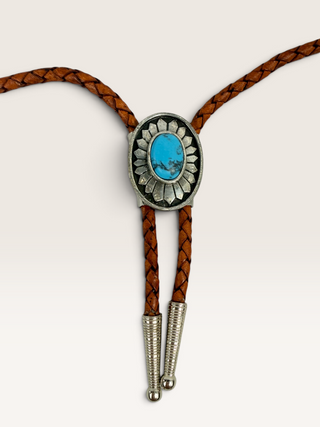 Metal Sunburst and Turquoise Bolo Tie