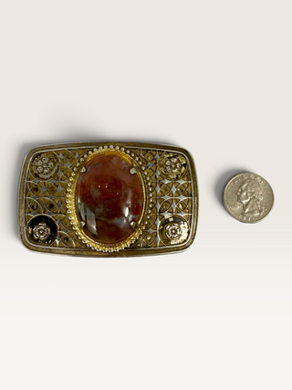 Vintage Red Agate and Floral Engraved Belt Buckle