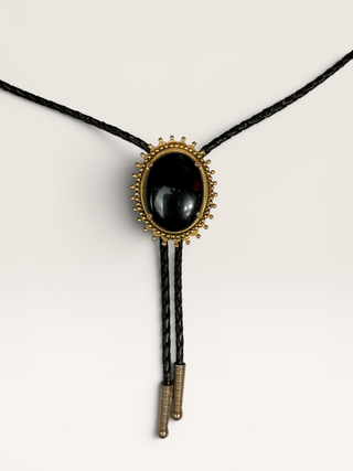 Vintage Black Onyx and Brass Bezel Bolo Tie