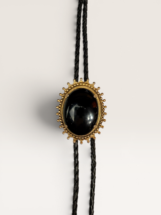 Vintage Black Onyx and Brass Bezel Bolo Tie