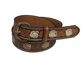 Cream Roses Tooled Leather Belt