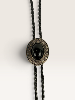Onyx in Oval Ornate Metal Bezel Bolo Tie