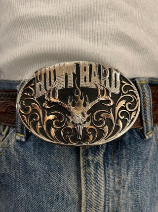 Hunt Hard Flaming Skull Belt Buckle